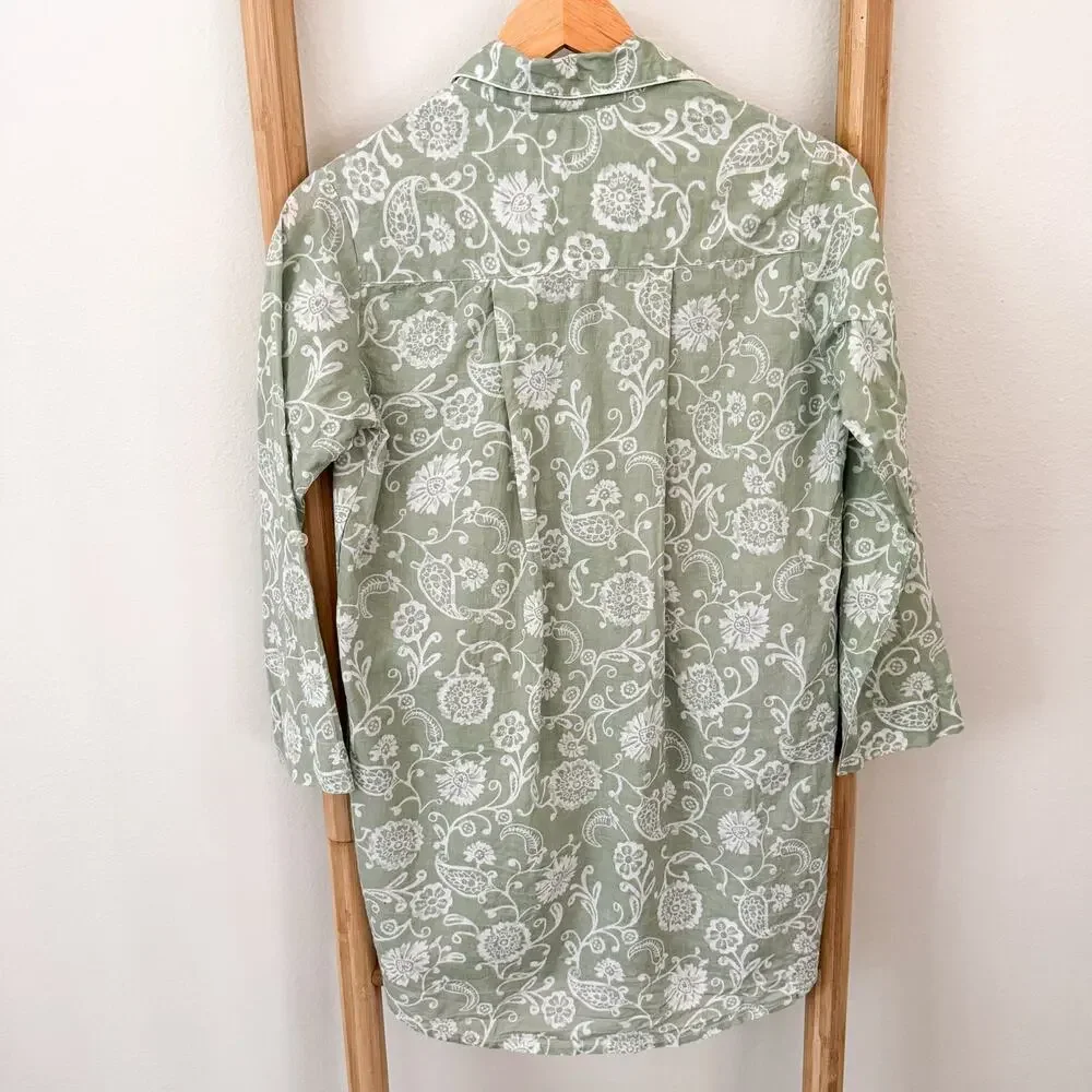 Julia Amory Husband Shirt XS Green White Floral Cotton Voile Button Down Tunic